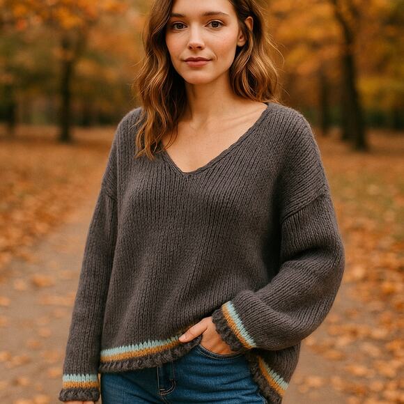 Chunky Drop Shoulder Sweater Charcoal Gray Boho Artisan Cozy Fall Pullover - Picture 1 of 7